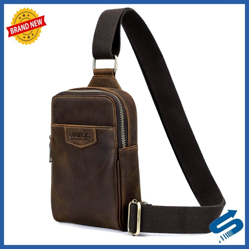 Men's Full Grain Leather Sling Bag Small Crossbody Shoulder Bag Travel Daypack